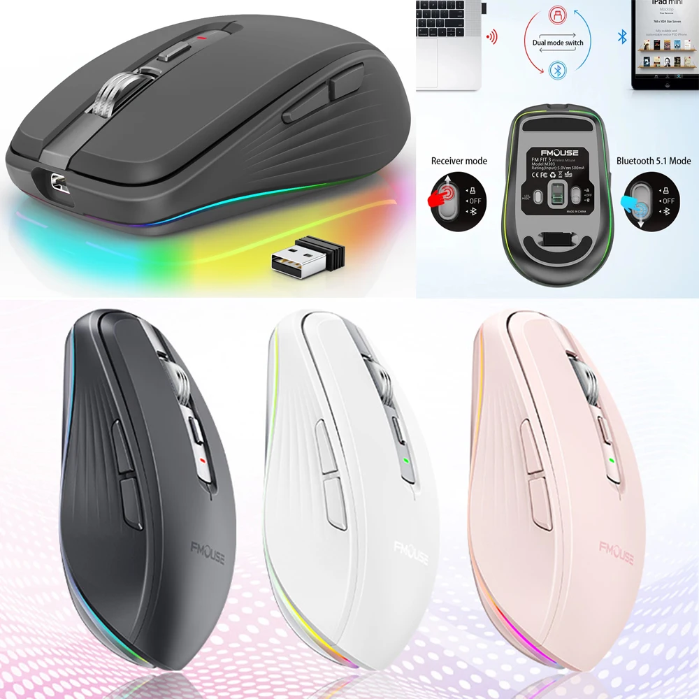

with Bluetooth BT 5.1 + 2.4G Wireless Dual Mode Mouse Rechargeable PC Gaming Mouse 2400DPI Adjustable Noiceless Gamer Mouse