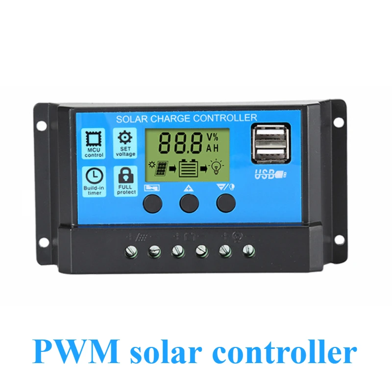 POWLSOJX 12V 24V PWM Solar Charge Controller with Adjustable LCD Display Dual USB Port Timer Setting Auto Parameter 10A 20A 30A