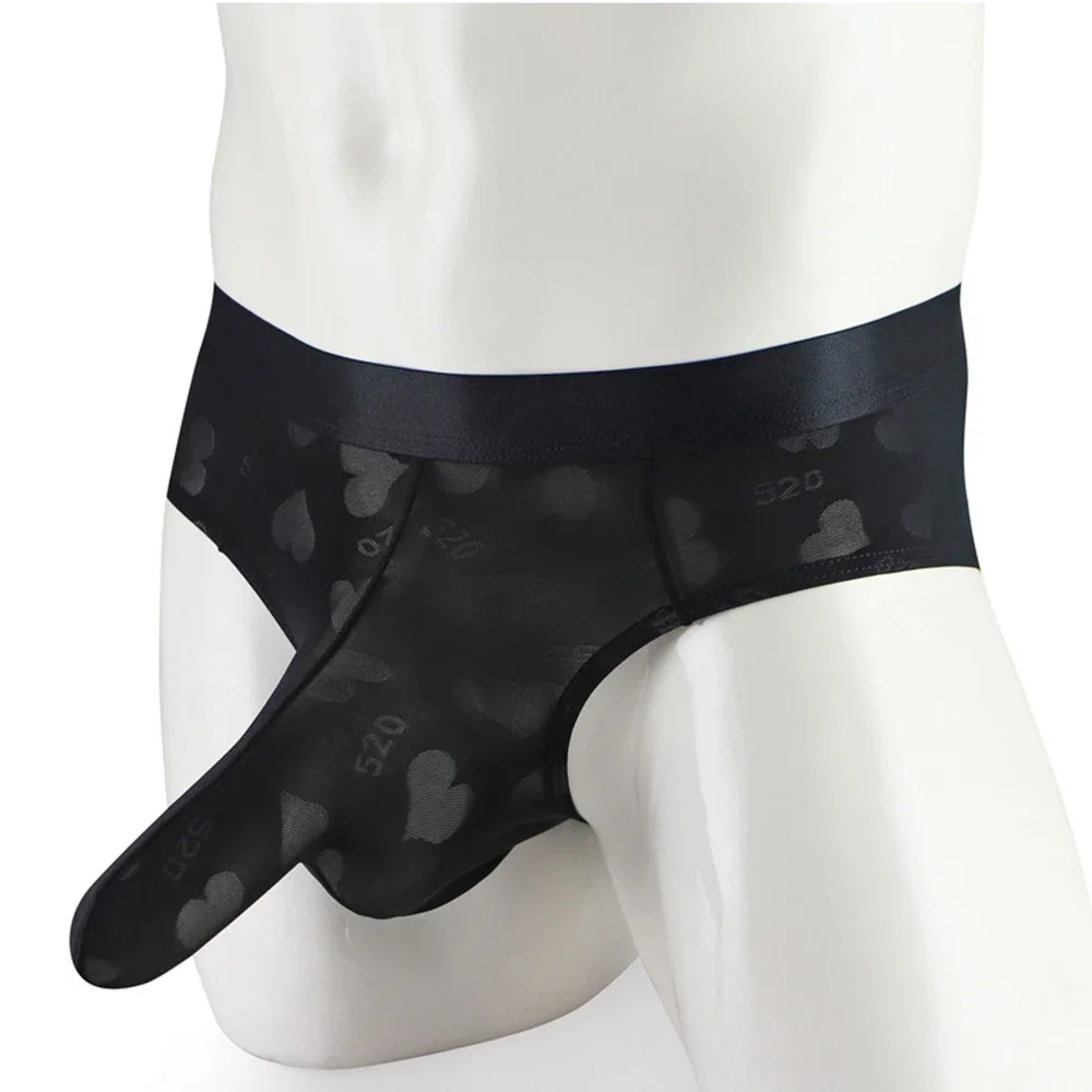 

Breathable and Sensual Men's Comfortable Elephant Trunk Briefs with Love Jacquard Print and See through G string Thong