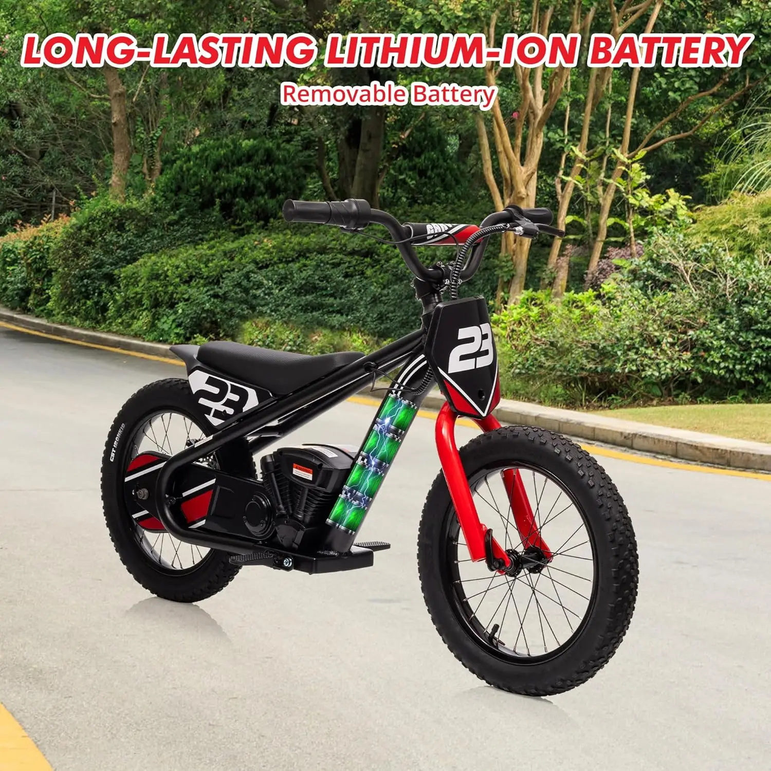 24V elektrische crossmotor voor kinderen, 16 inch 250 W elektrische loopfiets motorfiets voor kinderen van 6-12 jaar, 3 snelheidsinstellingen / afneembare batterij