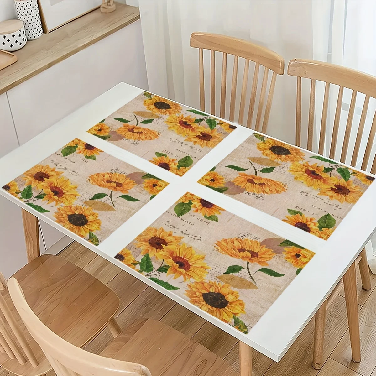 2pcs Vintage Bohemian Linen Placemat, Summer Style Sunflower Pattern Decorative Table Mat Room Decor, Scene Decor