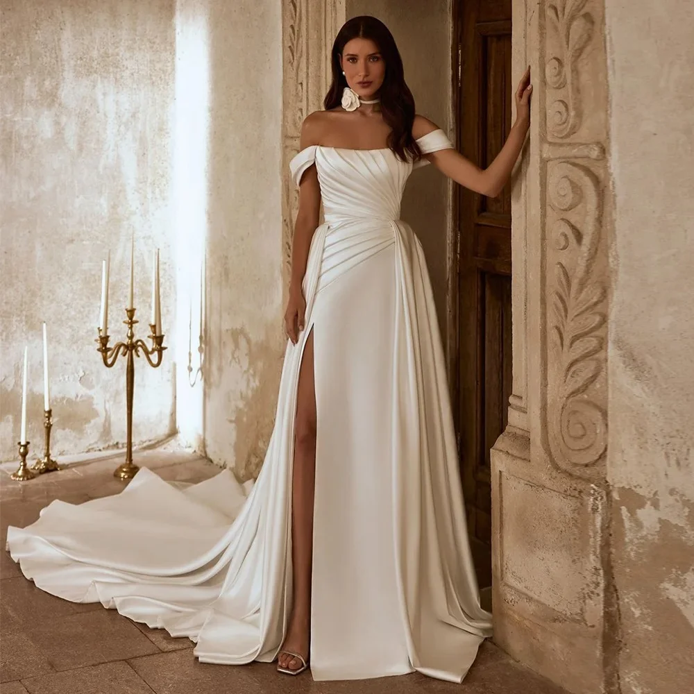 Customized New Arrival Satin Wedding Dress Boat Neck Off Shoulder Pleat Draped Skirt A Line Floor-Length Bridal Gown Court Train