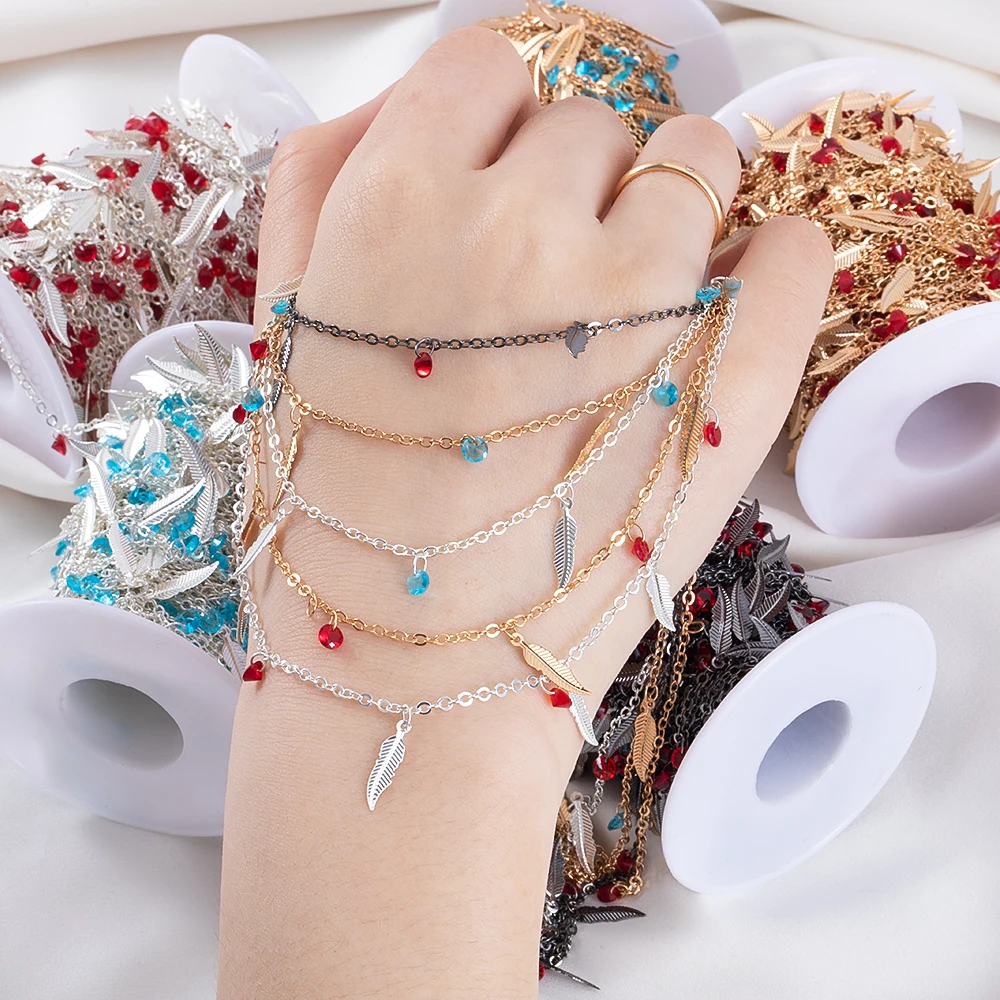 

0.5/1/2Meter Copper Chain Red zircon Feather Links Crystal Beads Fairy Rhinestones for Jewelry Making Supplies Necklace Findings