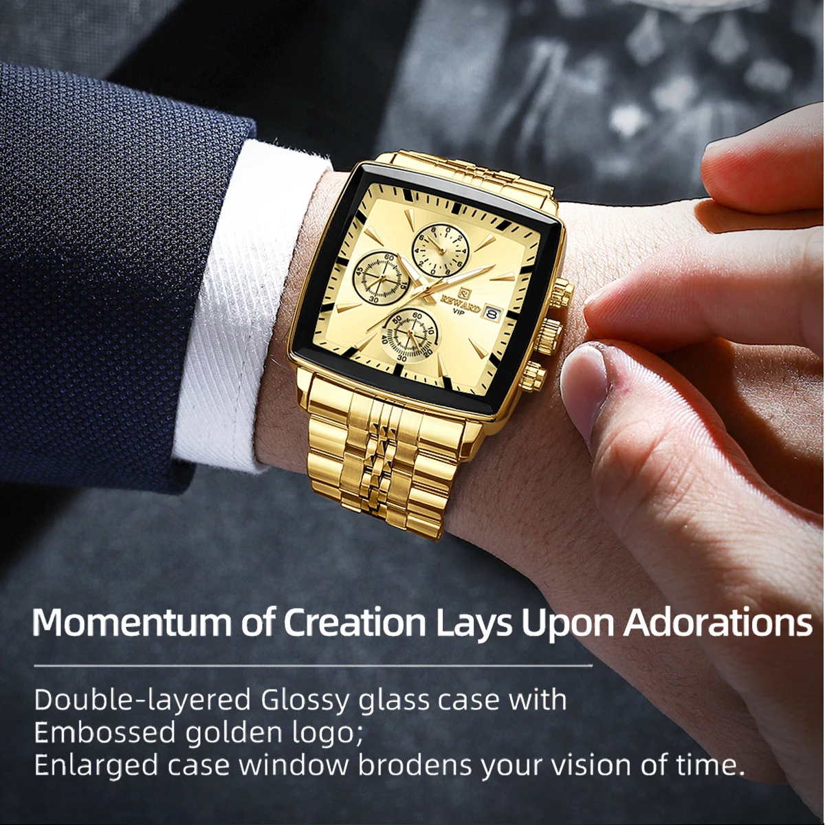 REWARD Golden Watches Rectangle Men\'s Watches Quartz Wristwatches Luxury Business Watch Clock Man Luminous Hands