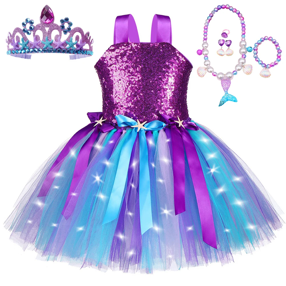 Led Light Mermaid Princess Dresses Girls Birthday Party Ballet Tutus Kids Sequins Christmas Halloween Costumes Sea-maid Outfits