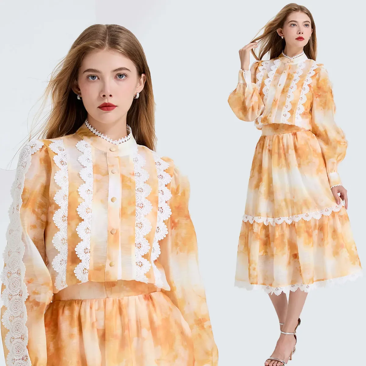 Greenora Luxury Hollow Out Dress Two Piece Set Women's 2025 Spring Holiday Embroidered Lace Patchwork Tops + A-Line Pleated