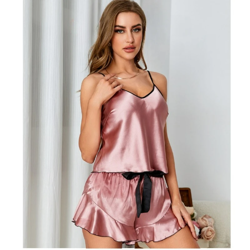 Pajama Women Summer Silk Ice Silk Sexy Halter Shorts Two-piece Simulation Silk Thin Home Wear High-ranking Cool and Refreshing