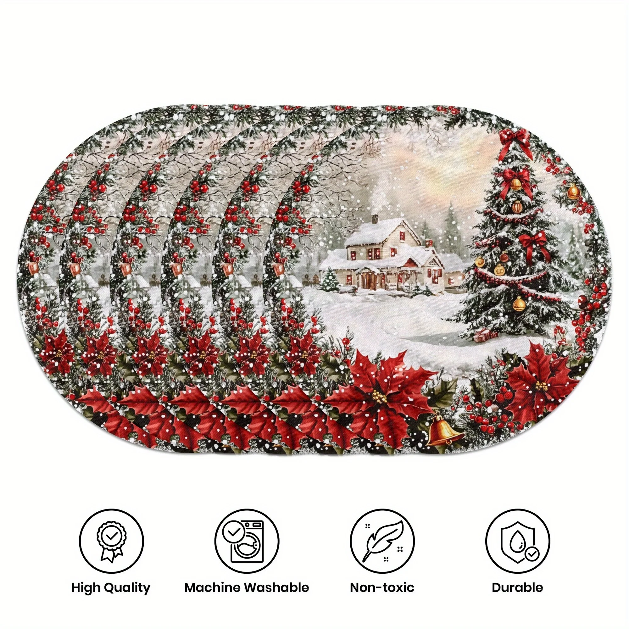 VIKAMA 6PC Weihnachten Schneelandschaft Mahlzeit Matte Weihnachtsbaum Schneehäuse Rote Beere Esstisch Weihnachtsdekoration