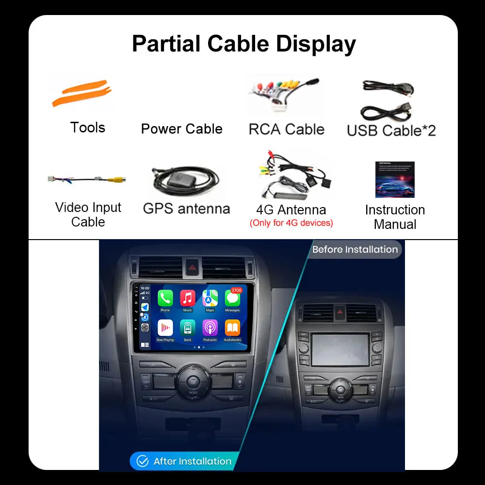 Reproductor Multimedia de Radio para coche, navegación GPS, estéreo, Carplay inalámbrico, Android, para Toyota Corolla E140, E150, 2006-2013, vídeo