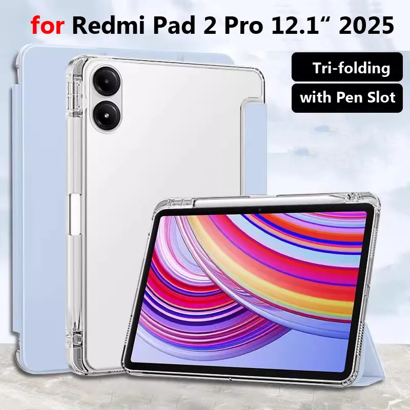 Soft TPU Case for Xiaomi Redmi Pad 2 11 Inch 2025Smart Auto Wake UP TPU Clear Tri-folding Tablet Stand Casing with Pencil Holder
