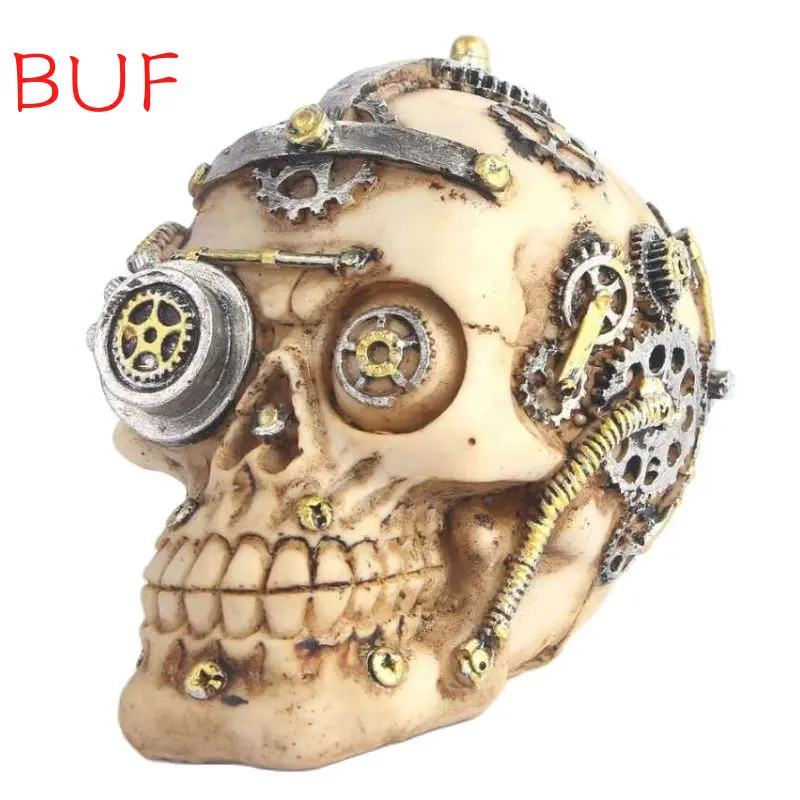 

Halloween Steampunk Skull Statue Home Decor Human Head Skeleton Cranium Figurine Cyborg Protruding Gearwork Skull sculpture 8048