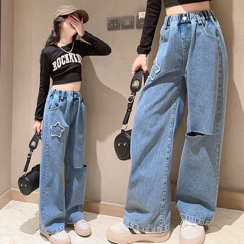 

Teenager Girls Denim Pants Spring Autumn Children Trousers New Fashion Ripped Girls Jeans 5 6 8 10 12 14 Years Kids Clothes