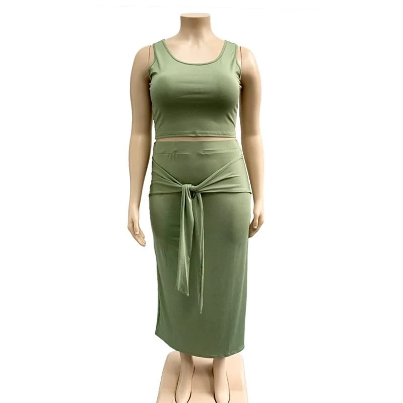 여성 여름 플러스 사이즈 2 피스 의상 세트 탱크 탑과 넥타이 매듭 프론트 미디 롱 바디콘 스커트 솔리드 컬러 민소매 자르기