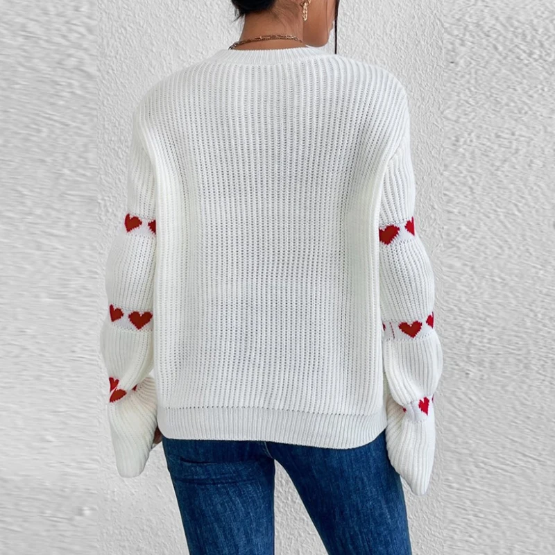 Autumn Round Neck Ribbed Knitting Sweater Women Jacquard Heart Long Sleeve Top Pullover Winter Casual Loose Warm Jumper Harajuku