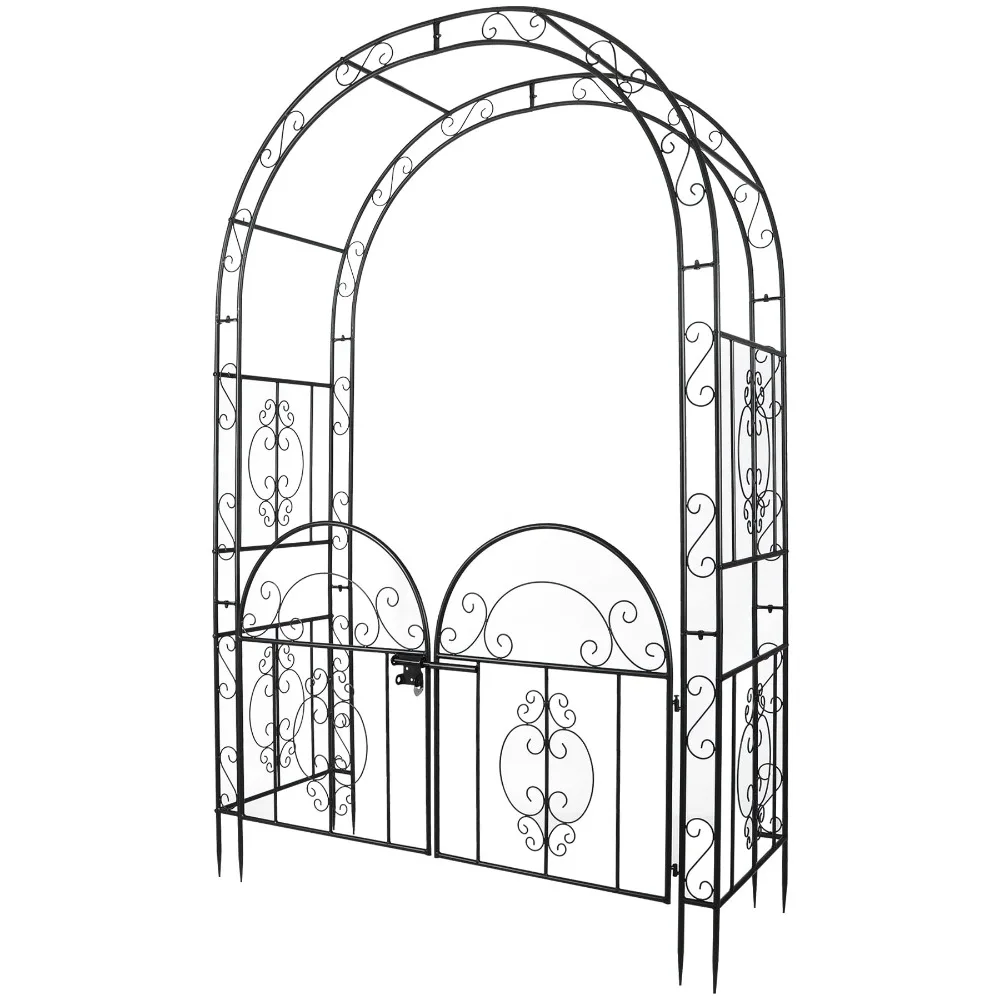 84in High Metal Garden Arbor with Gate, Heavy Duty Wide Garden Arch, Metal Arch Trellis with Gate for Climbing Plant, Black