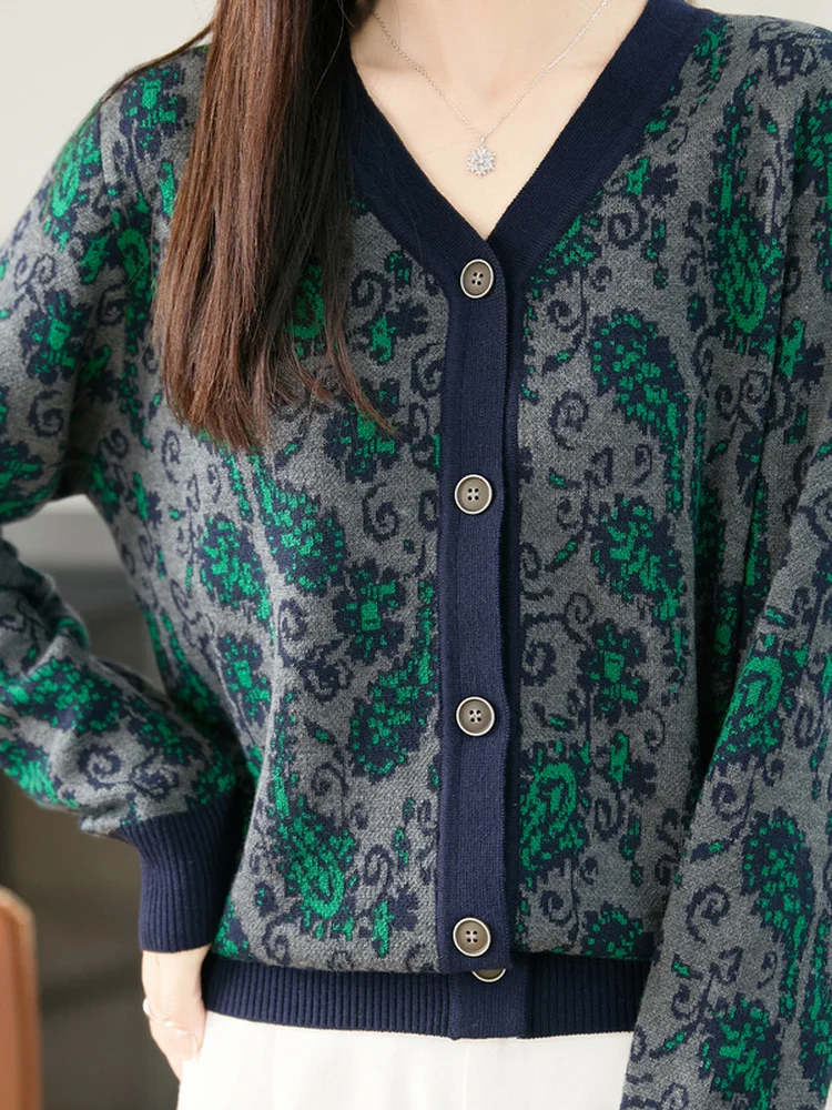 Otoño Invierno Thiened doble punto V-Ne cárdigan abierto de punto de lana mujer suelta larga Sve Top cálido suéter Floral