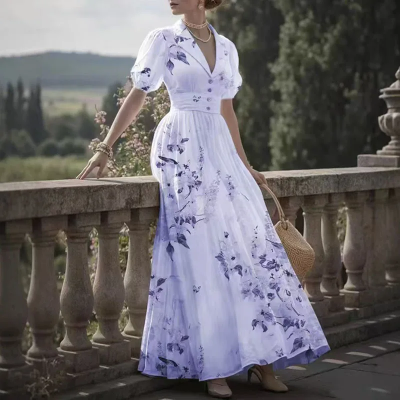 قصر نمط الأزهار طباعة خمر فستان طويل امرأة أنيقة الخامس الرقبة زر عالية الخصر فستان الحفلات فانوس كم الصيف فستان ماكسي