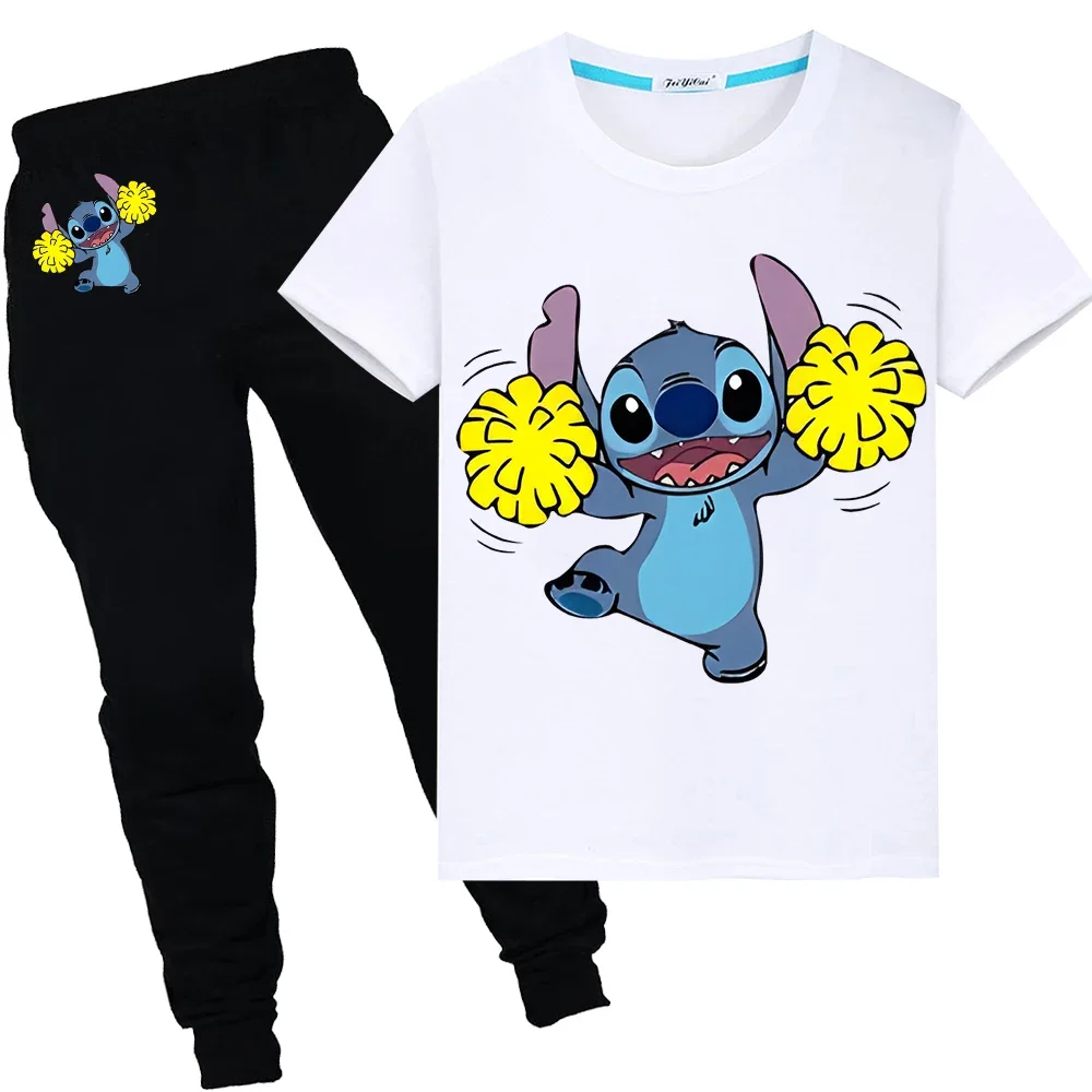 Stitch Disney Sports Sets Print 100%Cotton T-shirt boys girls Cute Tshirts disney Summer Short+pant Kawaii Tees kid holiday gift