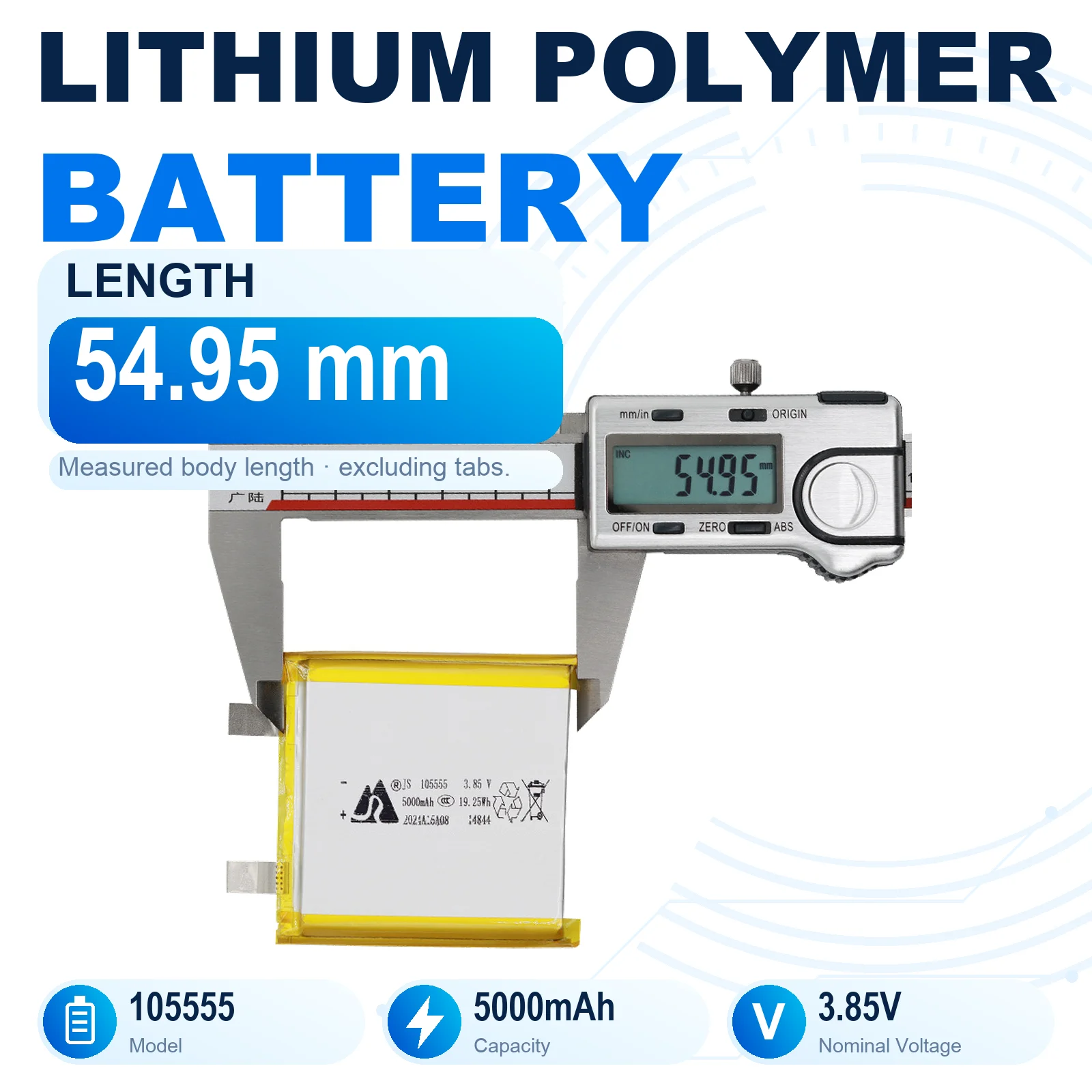 105555 3.85V 5000mAh Rechargeable LiPo Battery 10x55x55mm Lithium Polymer Pouch Cell with Flat Metal Tabs