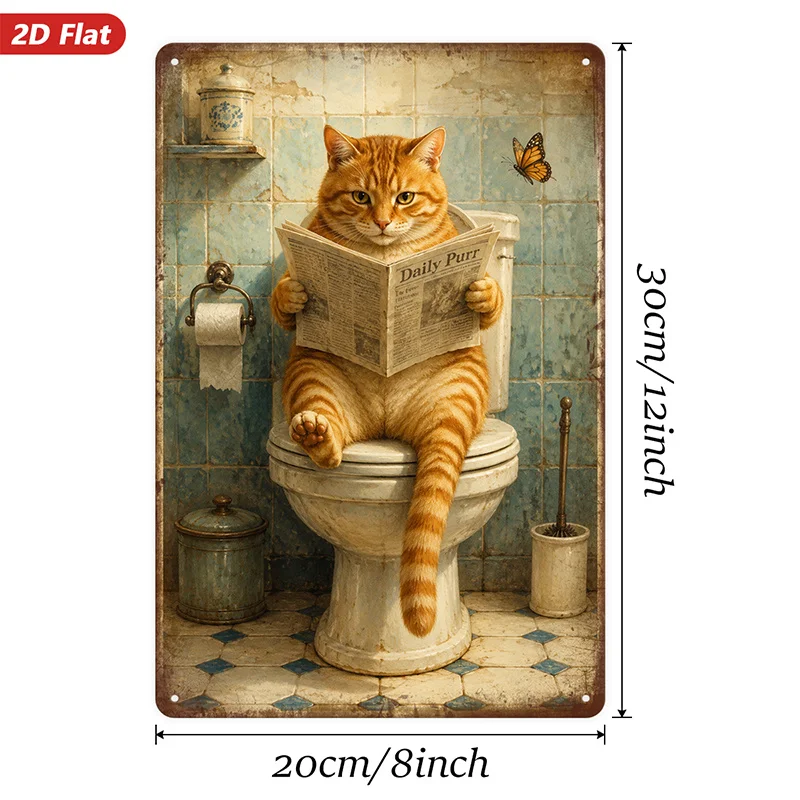 2D Flat, 1pc Funny Cat Bathroom Metal Sign Wall Art, Orange Tabby Cat, Newspaper Reading Toilet, Daily Purr Headline, Vintage Ba