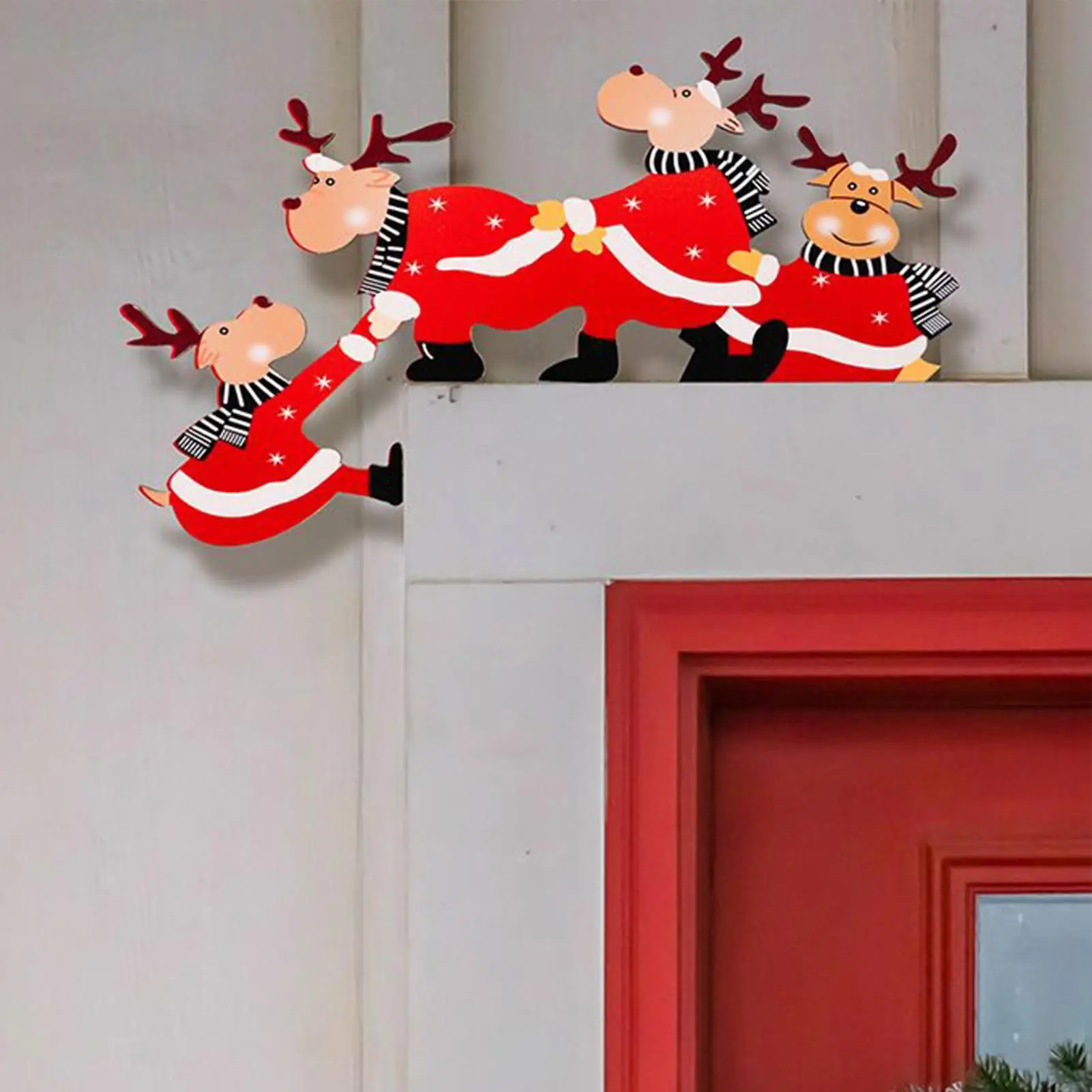 Christmas Door Corner Topper 2Pcs/set Wooden Door Frame Penguin Santa Elk  Ornament Cartoon Xmas Home Party Festive Decoration