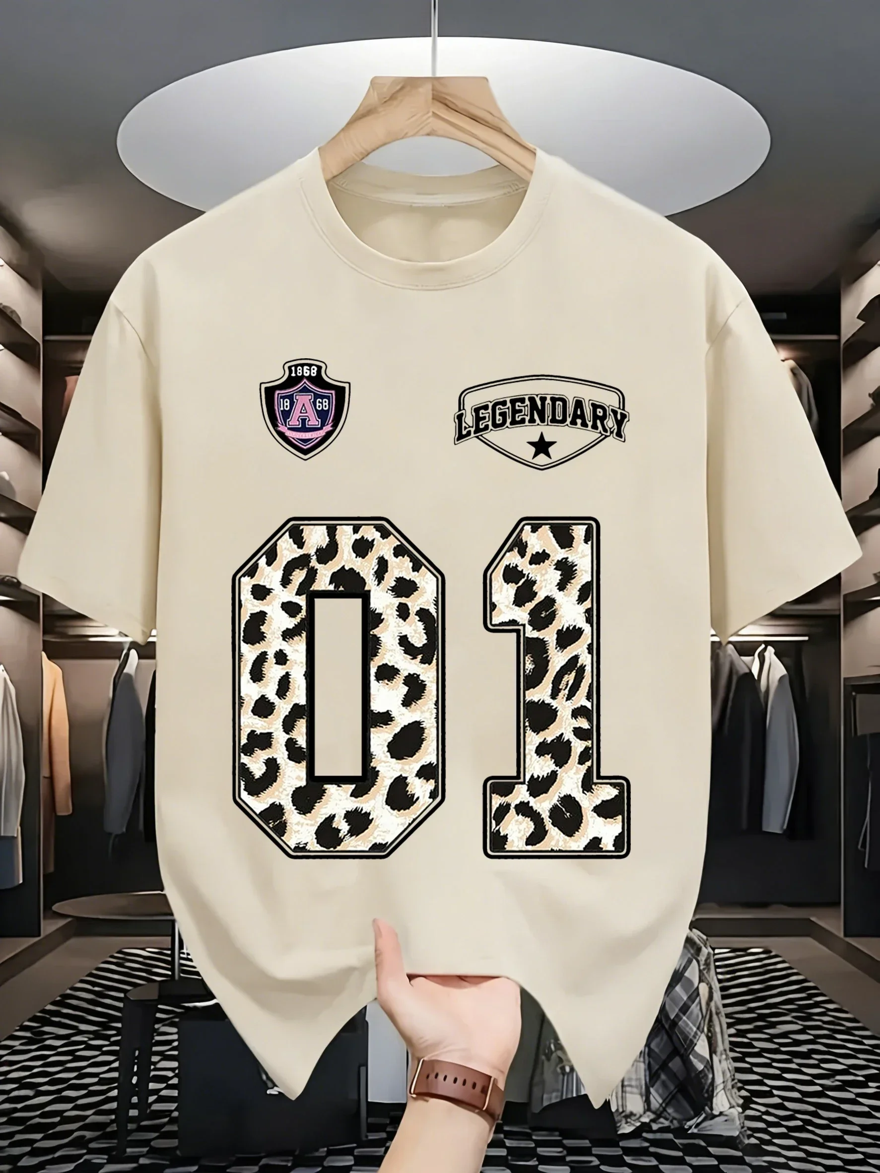 Number 01 Composed Of Leopard Print Prints Men Soft Breathable O-Neck T-Shirt All-Match Cotton Top Loose Casual Short Sleeve