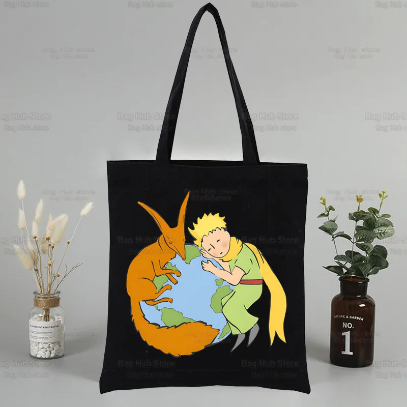 Cartoon Earth Space Little Prince Canvas Women's College Ulzzang Black Large Capacity Casual Fashion Shoulder Bags