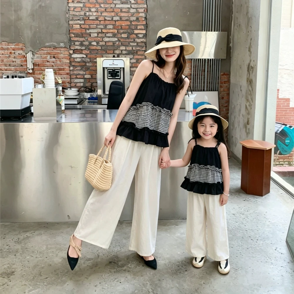 Mommy and Me Matching Outfits Black White Plaid Cami Top+Wide Leg Pants Family Matching Beach Vacation Casual Parent-Child Set