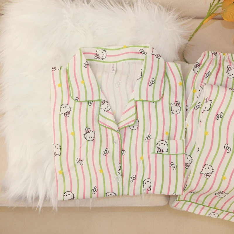 

Hello Kitty and Striped Elegant Pajamas Set Women Long Sleeve Cartoon Sweet Home Wear Loungewear New Arrival 2026 Korean Fashion