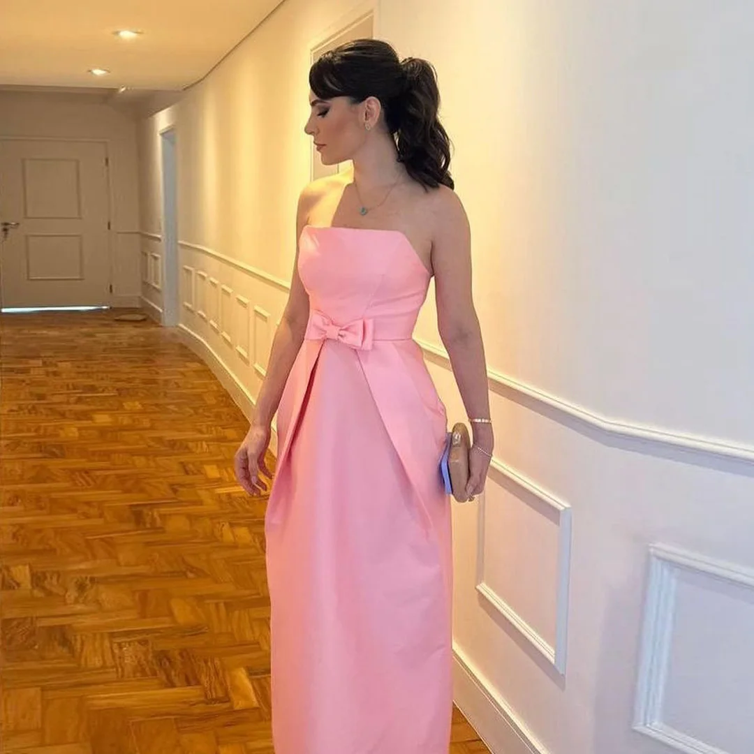 

Baby Pink Strapless Mermaid Dress For Women Satin Elegant Dresses Sleeveless Bow Maxi Evening Strapless Party Dress Ankle-Length