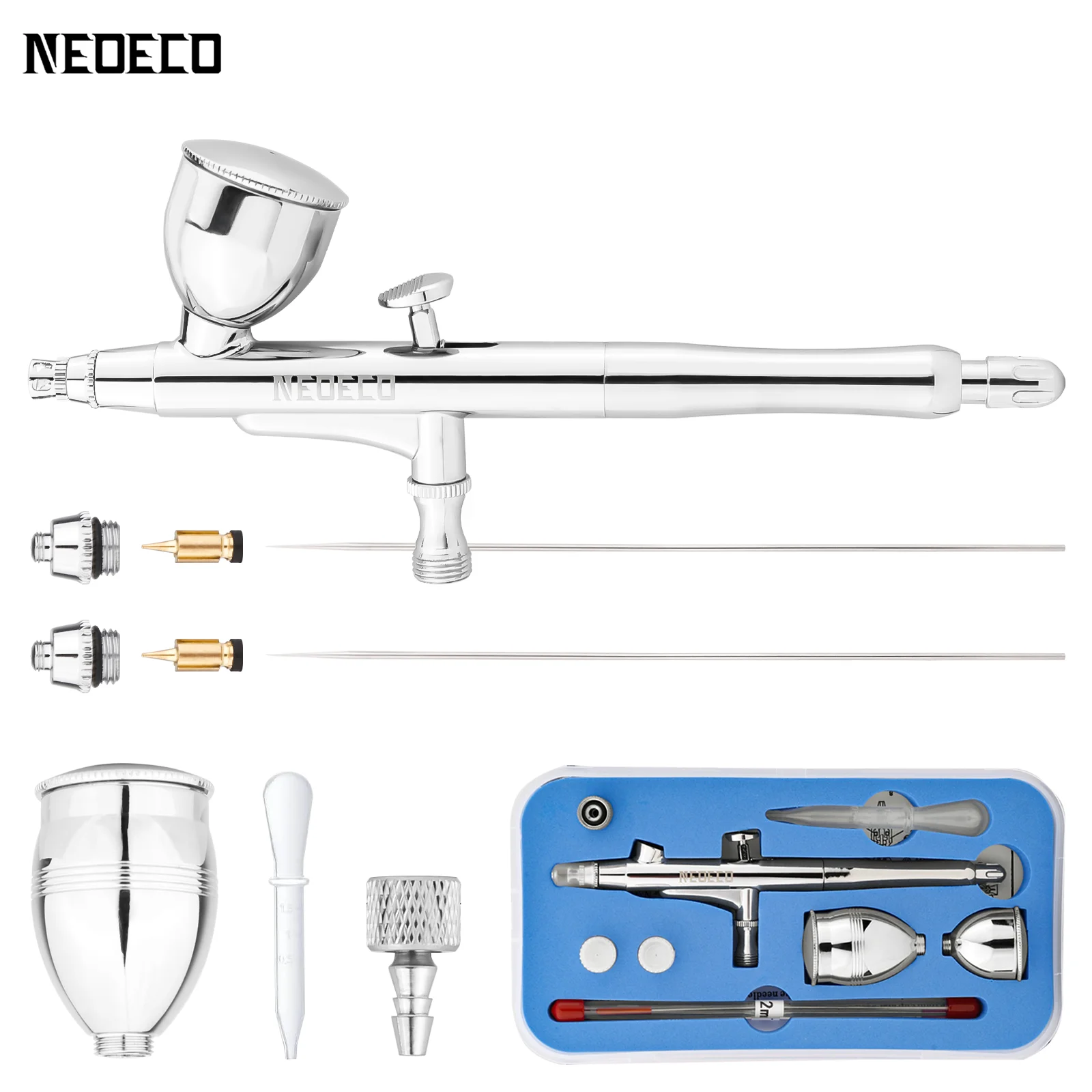 

Dual-Action Airbrush With Auto-Centering Nozzle, 7cc 13cc Cups, 0.2/0.3/0.5mm needle for Modeling Makeup Nail Art Painting Tool