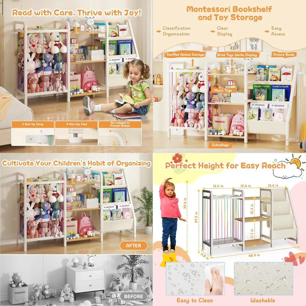 

3-Tier Montessori-Style Kids' Bookshelf with Toy Storage for Nursery, Bedroom, Playroom in Burlywood