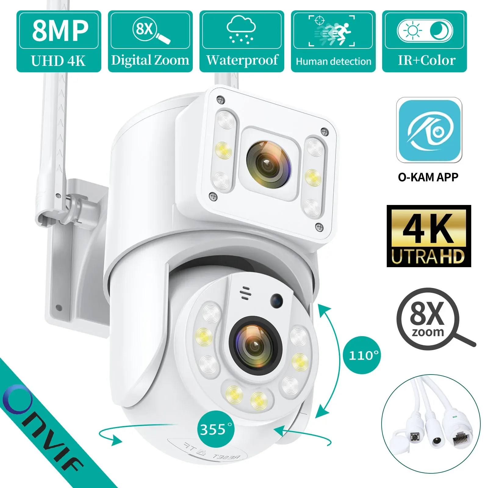 8MP HD 4K กล้อง IP เลนส์คู่ PTZ กล้องรักษาความปลอดภัยกลางแจ้ง I Human DETECT WiFi กล้องวิดีโอวงจรปิดกันน้ำการมองเห็นได้ในเวลากลางคืนสี