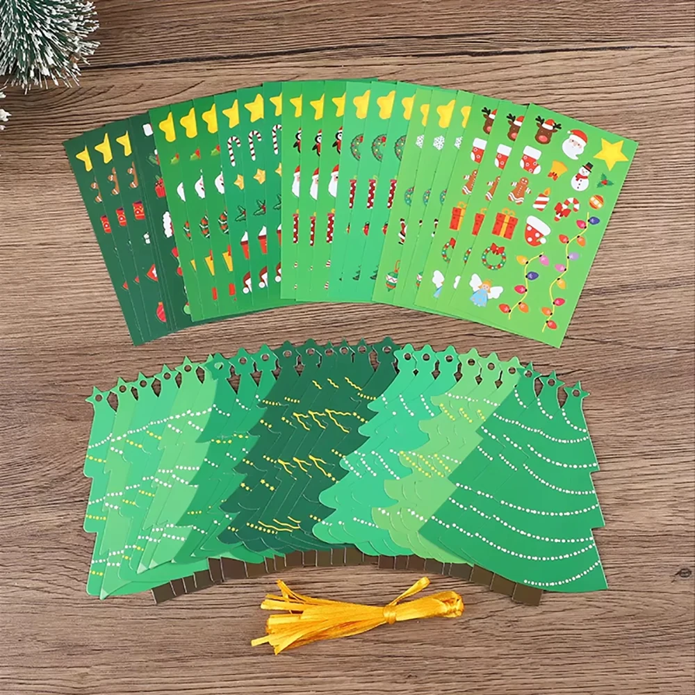 

24pcs/set Christmas Tree Stickers with Ribbons Christmas Tree Craft Kit Kids Gift Favors for Christmas Classroom Supplies