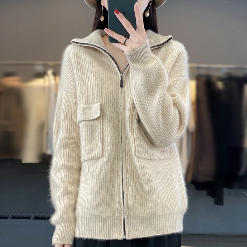 2023 Autumn/Winter New High Collar 100% Wool Cashmere Sweater Women's Cardigan Korean Loose Long Sleeve Top Women's Jacket