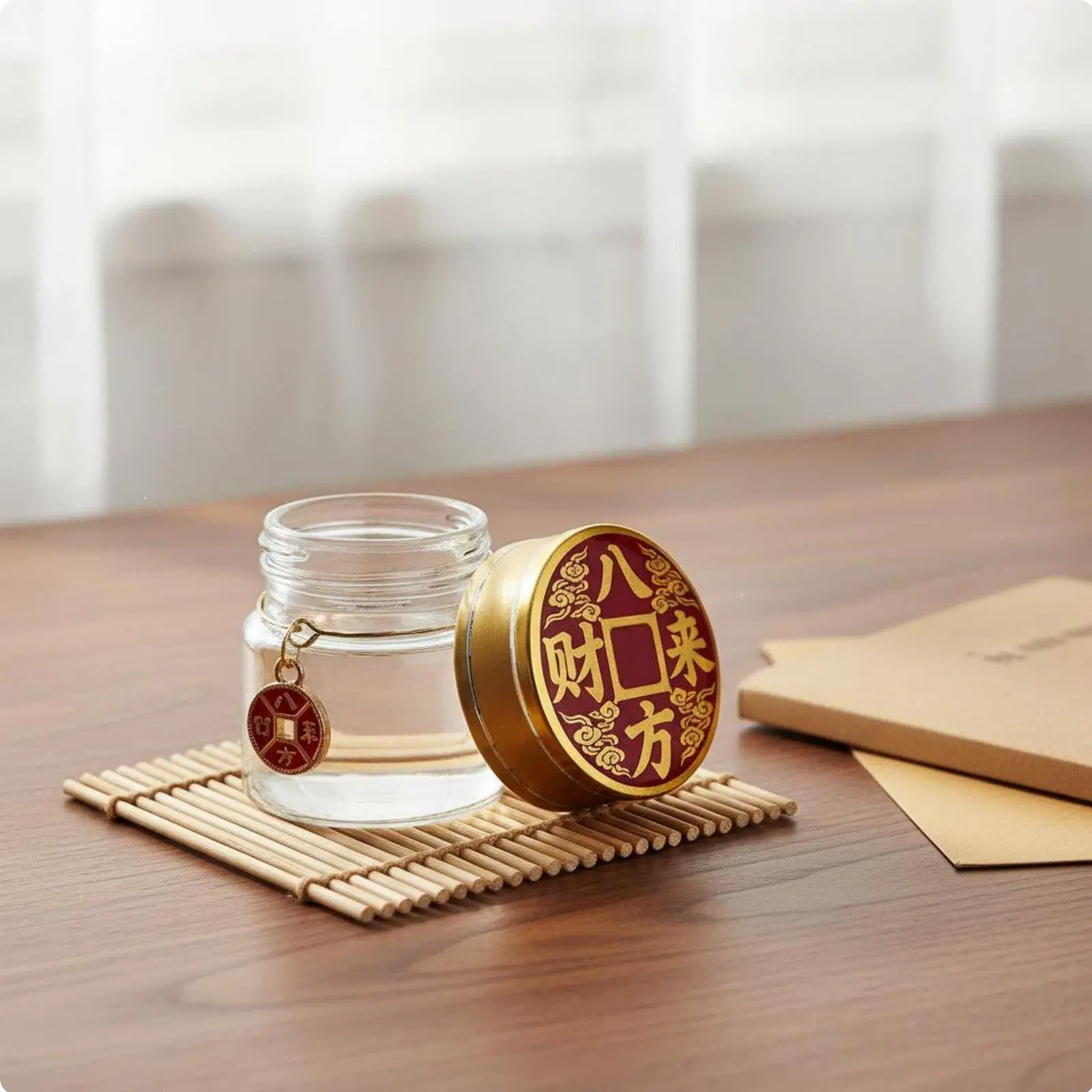 Elegant Glass Storage Bottle with Prosperity Pattern Lid Sealed Container for Golden Beans Charms Mini Decor for Shelf Altar