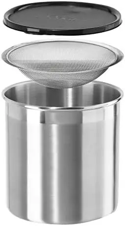 

Oggi Stainless Steel Jumbo Grease Container with Strainer & Lid – 1 Gal (3.75L) for Fryer Oil, Bacon Drippings