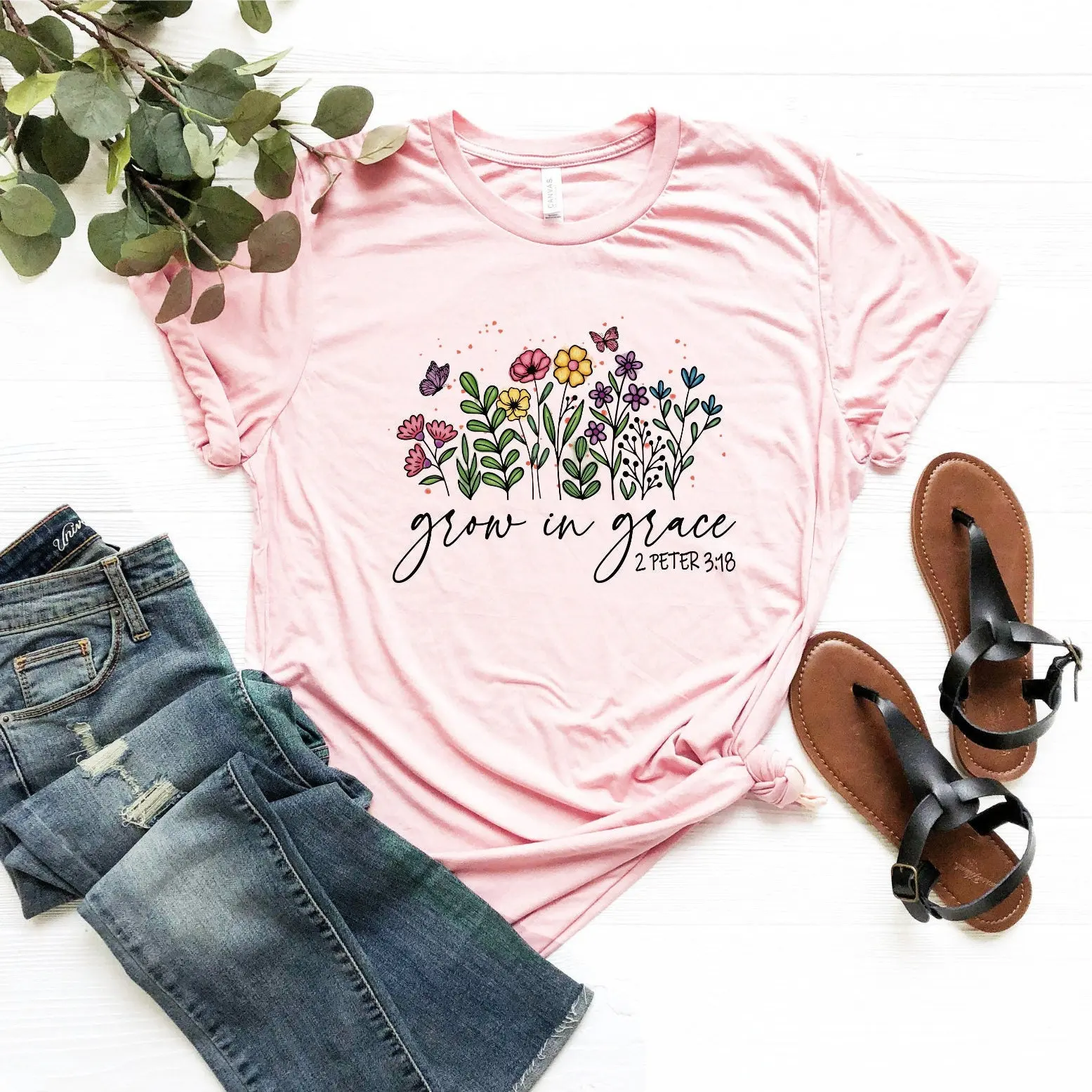 Grow In Grace T Shirt Christian Bible Verse Wildflowers Flowers Floral Religious