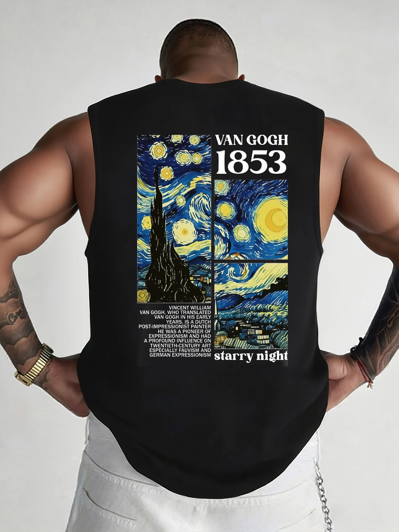 100% Pure Cotton Men's Summer Fashion Casual Sports Fitness Loose Tribute Van Gogh Print Breathable Round Neck Sleeveless Vest