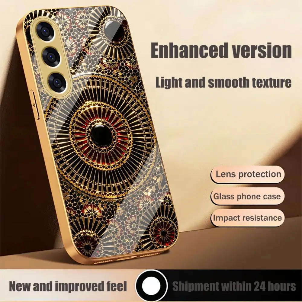 Golden Mandala HD Multi-color variants glass phone case for Samsung Galaxy S26 S25 S24 S23 S22 FE,Ultra,Plus Dropresistant
