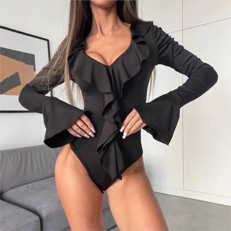 2025 Summer Slim Jumpsuit Jumpsuits For Woman Solid Color Flared Sleeves Ruffle V-neck Simple Hot Style All-match Casual Bodycon