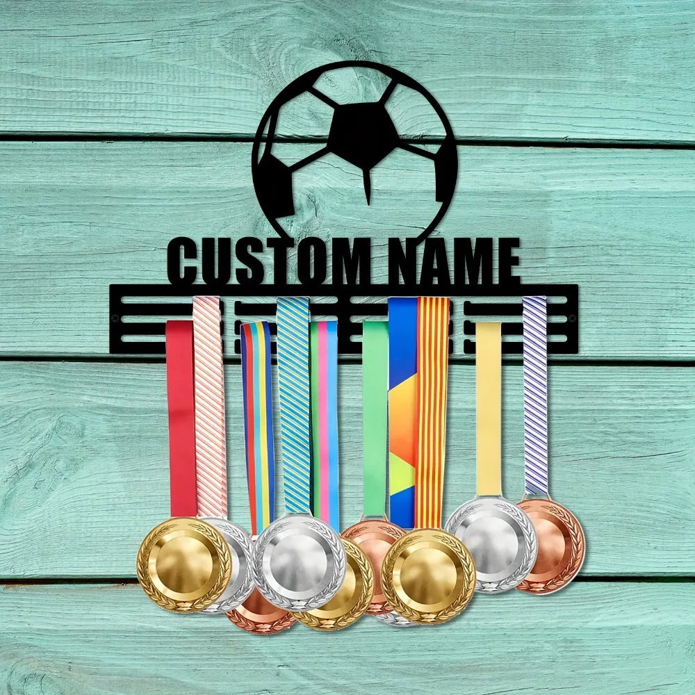 Soporte de medalla de fútbol de Metal personalizable, soporte de pared con tema deportivo clásico con nombre de jugador de fútbol personalizado para decoración del hogar