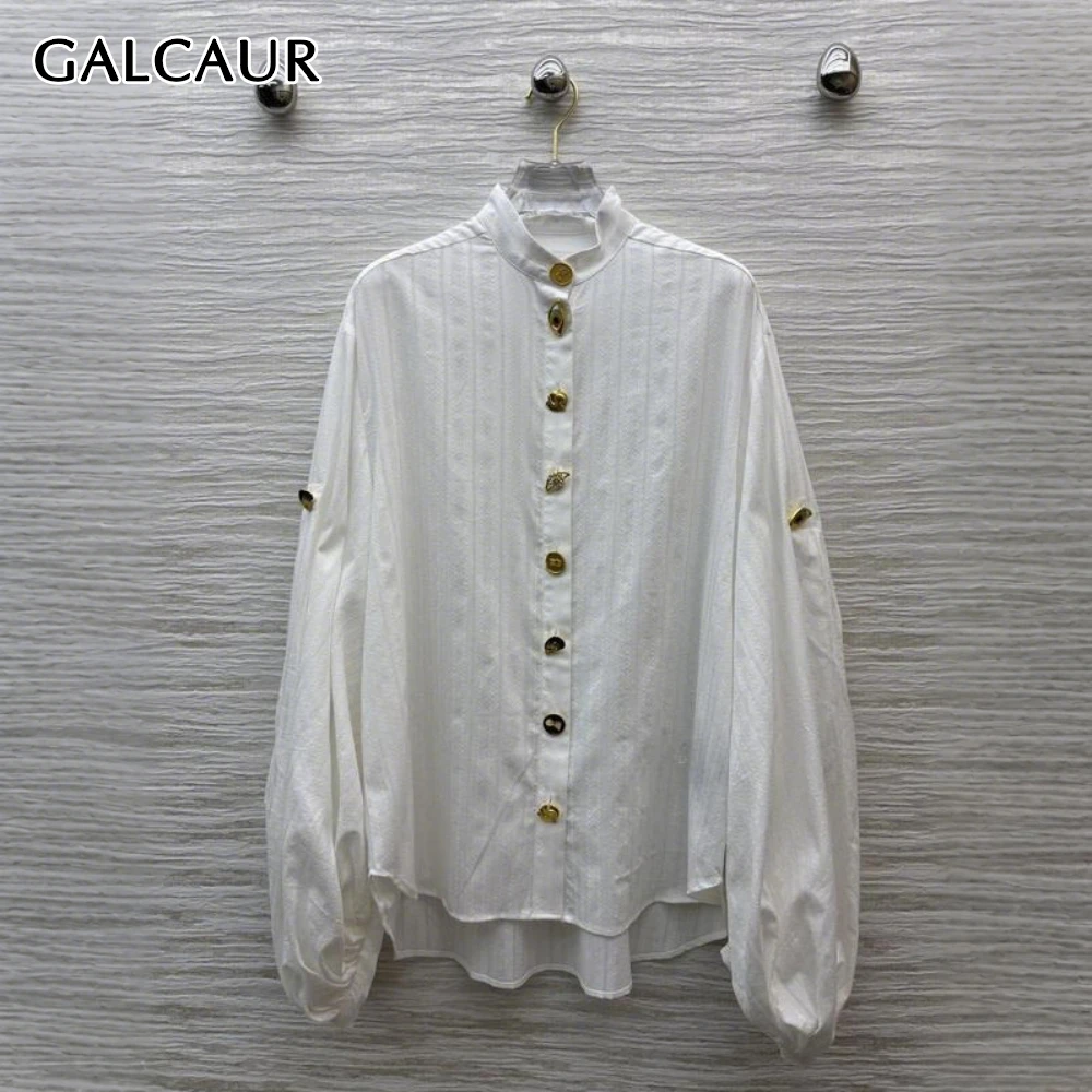 

GALCAUR White Spliced Striped Shirt Female O Neck Long Sleeve patchwork Single Breasted Casual Women's Shirts Style Fashion New