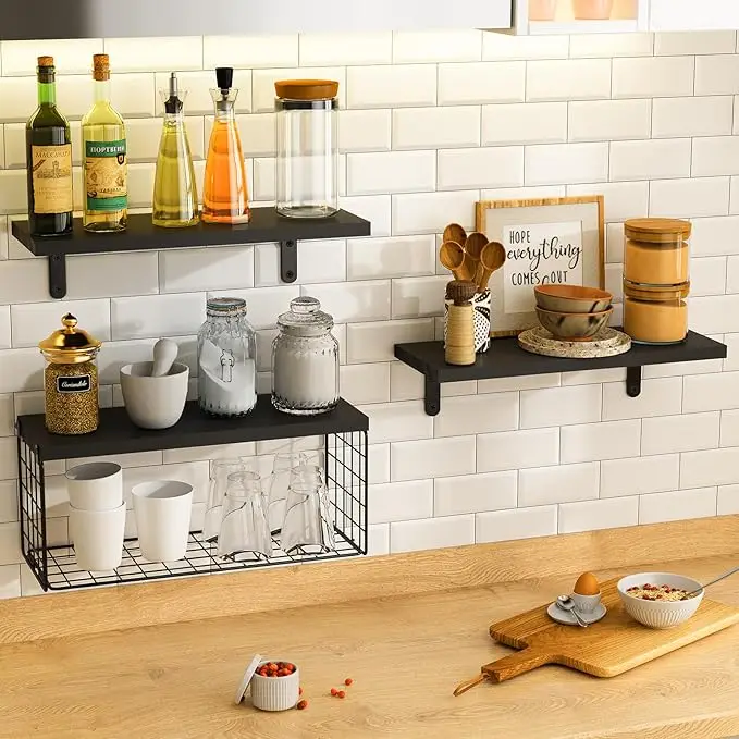 

Bath Wall Towel Storage Holder Set Above Toilet, Rolled Towel Shelf Organizer for Small Bathroom Black Wood Vertical Towel Rack