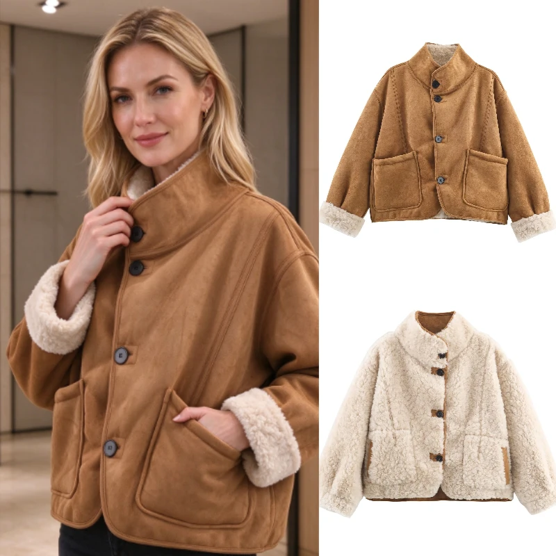 Women's Coat 2026 Fall/Winter New Casual Fashion Retro Long-Sleeve Stand Collar Reversible Fleece-Lined Short Jacket
