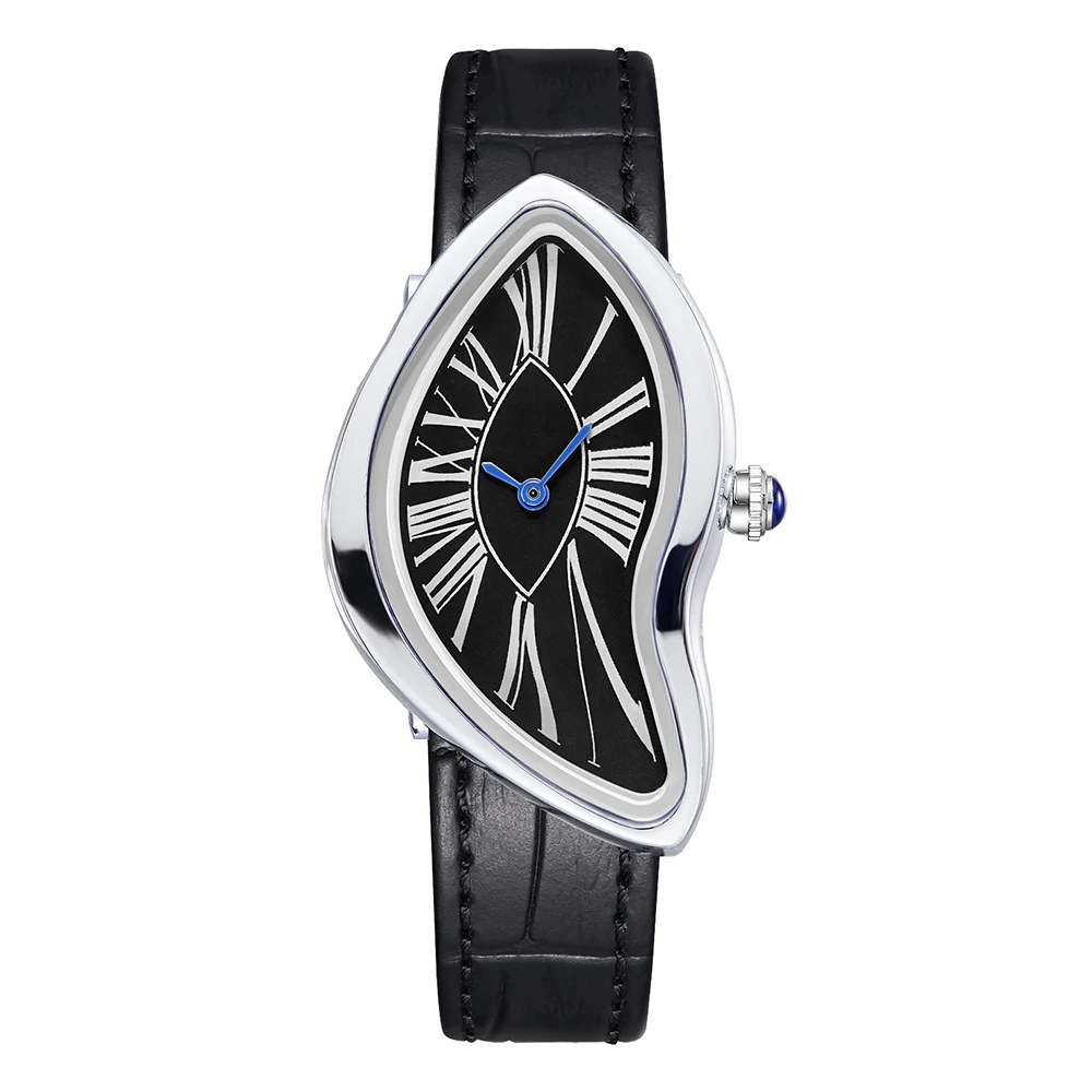 Distorted Curved Watch Irregular Roman Numeral Dial Genuine Leather Strap Surreal Art Fashion Ladies Quartz Wristwatch