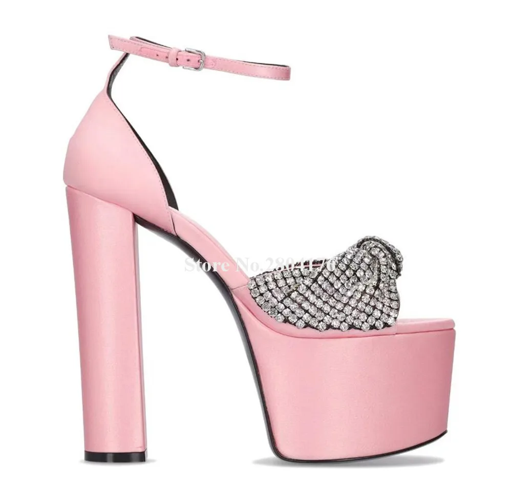 Bling Bling Rhinestones Bowtie Chunky Heel Sandals Peep Toe Crystals Pink Purple High Platform Dress Heels Wedding Shoes