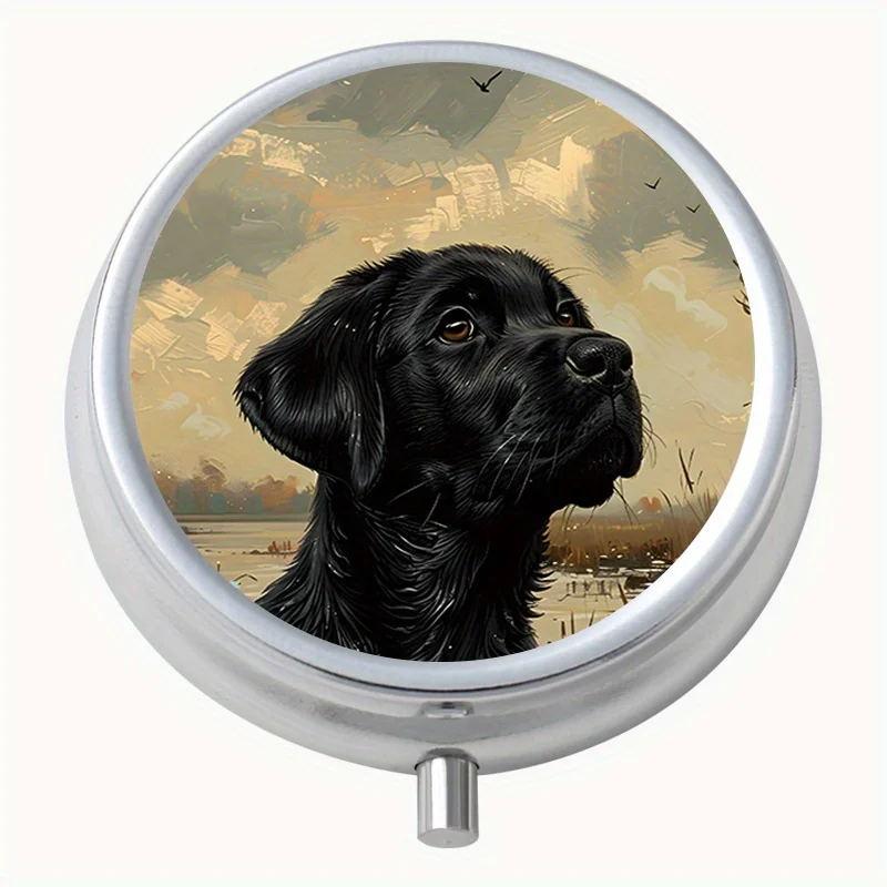 1 Round Pill Box with a Swamp Black Dog Pattern Print, Three-Compartment Metal Box, Mini Portable Pill Box, Suitable for Travel, Outdoor Activities, Placing in a Pocket or Purse, Can Be Used as a Portable Tablet Case, Multifunctional Metal Box, or for Decoration and Storing Jewelry.