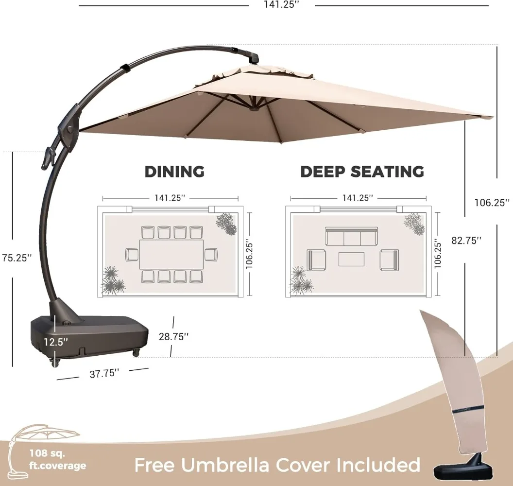Grand patio 9x12 FT Cantilever Umbrella with Base & Cover Outdoor Aluminum Rectangle Offset Umbrellas for Deck Yard