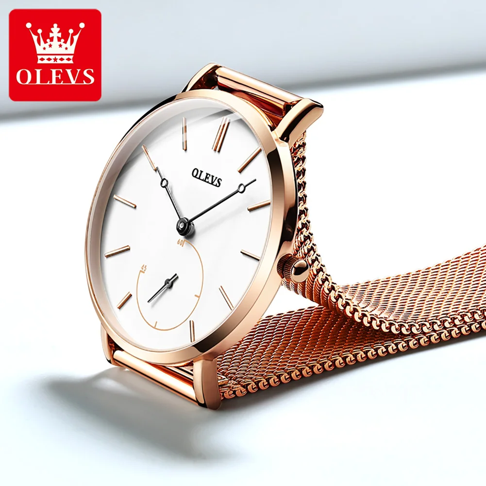 OLEVS Luxury Quartz Watch for Women Unique Stop Hand Design Elegant Rose Gold Mesh Steel Strap Ladies Waterproof Wristwatch New